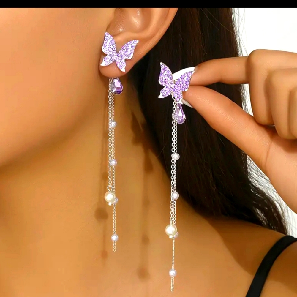 Purple Butterfly Chained Pearls